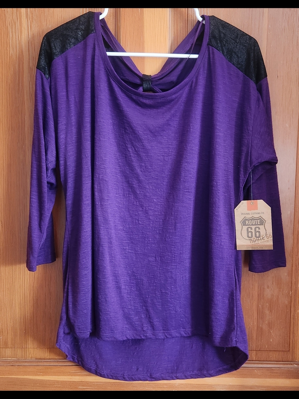 Route 66 Women's Purple Top with Black Shoulder Accents 3/4 Length Sleeves